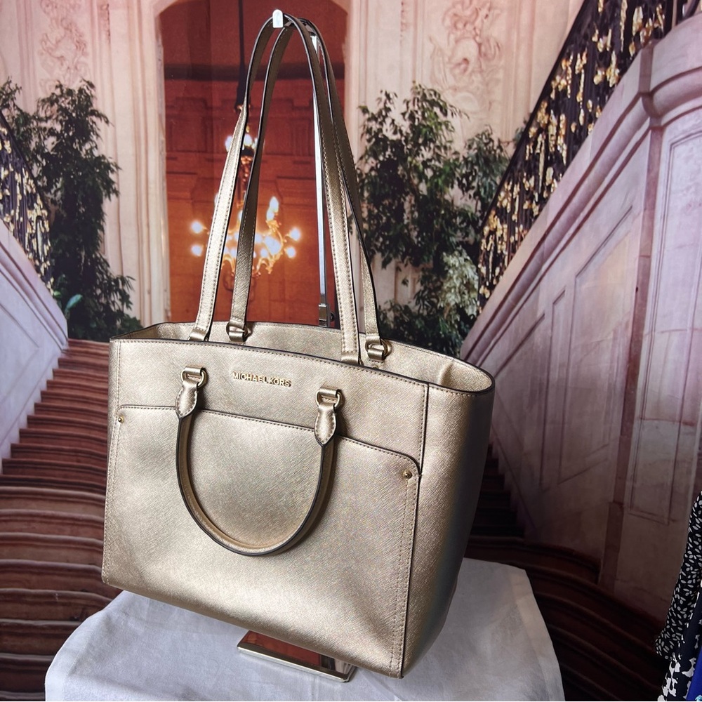 Michael Kors Metallic Gold Saffiano Shoulder Tote - Picture 13 of 15